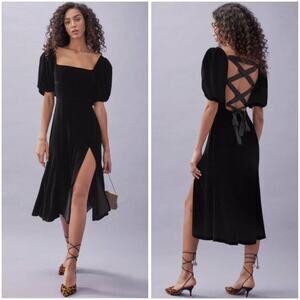 REFORMATION Jocelyn Velvet Midi Dress Puff Sleeve Lace Up Corset Open Back
